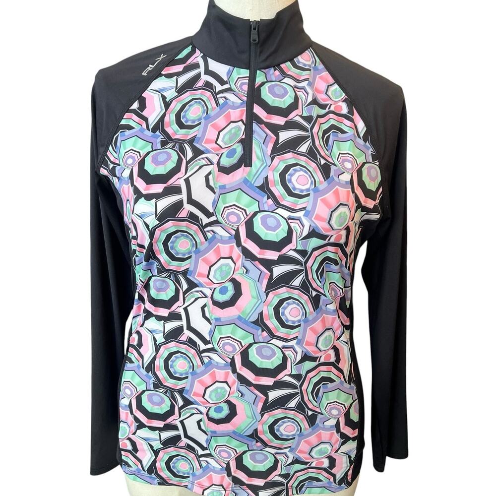 RLX Ralph Lauren Womens L Golf Pullover Top Black Multi Umbrella Print 1/4 Zip